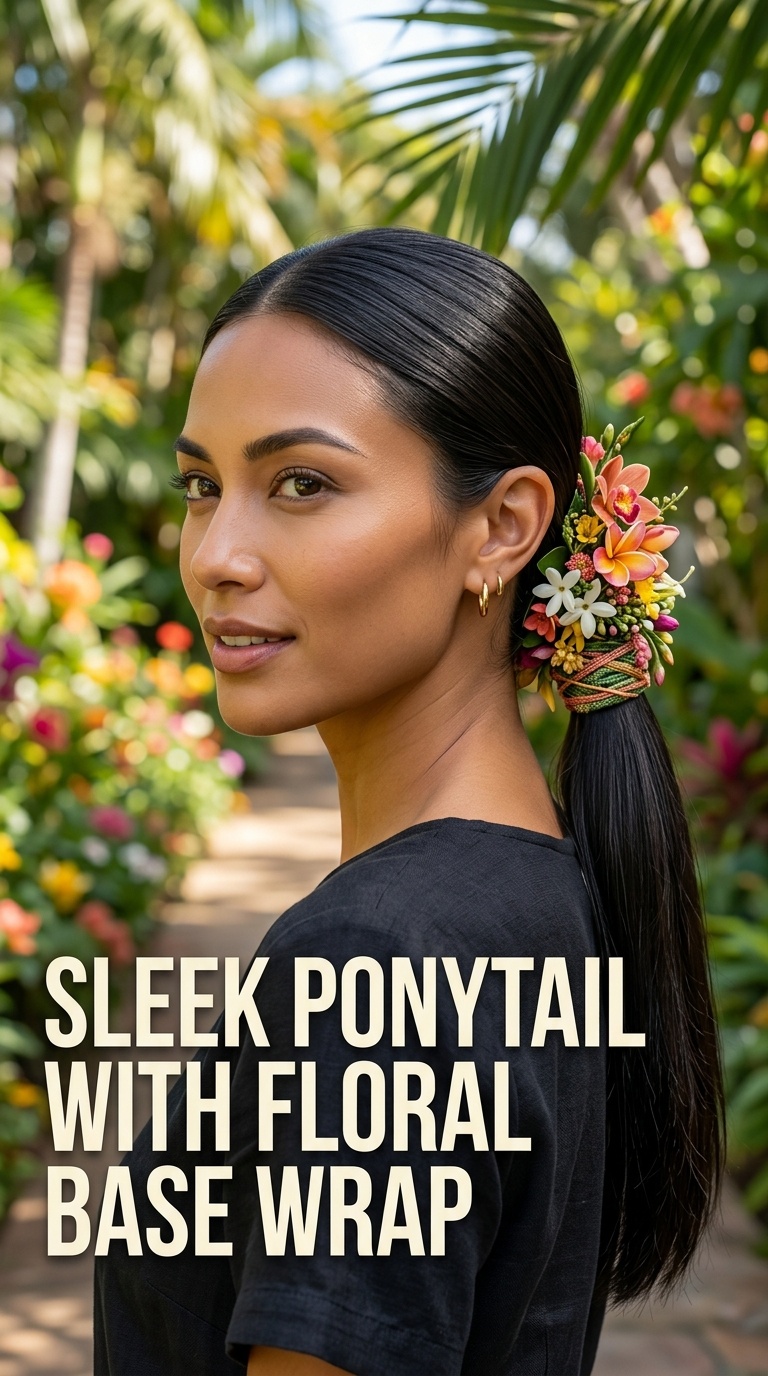 Sleek Ponytail with Floral Base Wrap