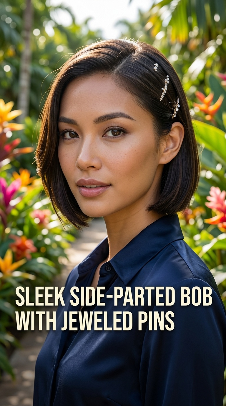 Sleek Side-Parted Bob with Jeweled Pins