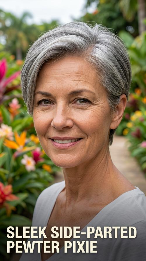 Sleek Side-Parted Pewter Pixie