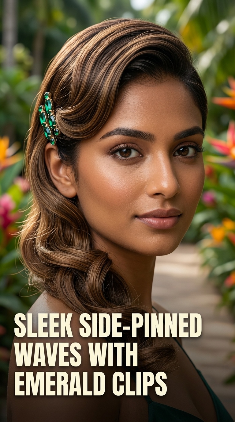 Sleek Side-Pinned Waves with Emerald Clips