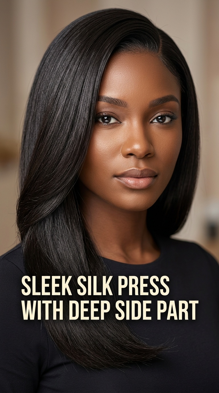 Sleek Silk Press with Deep Side Part