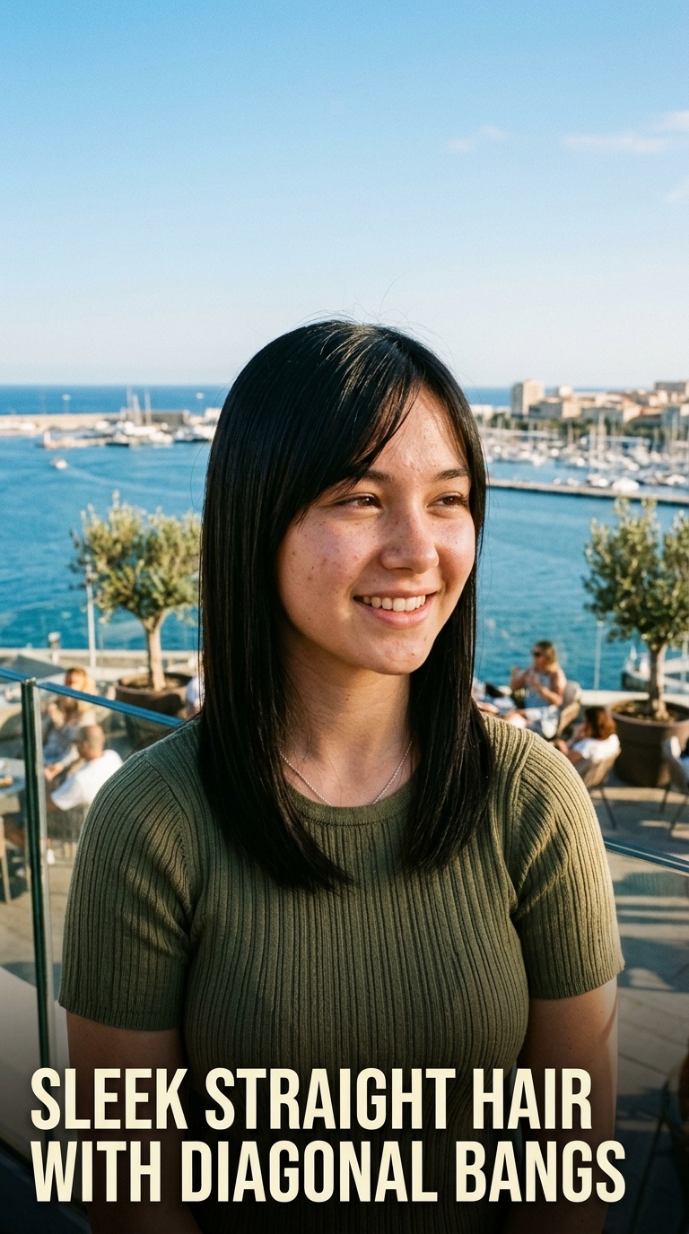 Sleek Straight Hair with Diagonal Bangs