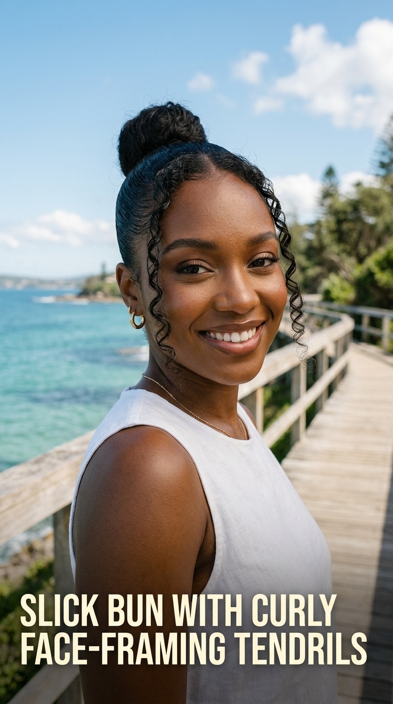 Slick Bun with Curly Face-Framing Tendrils