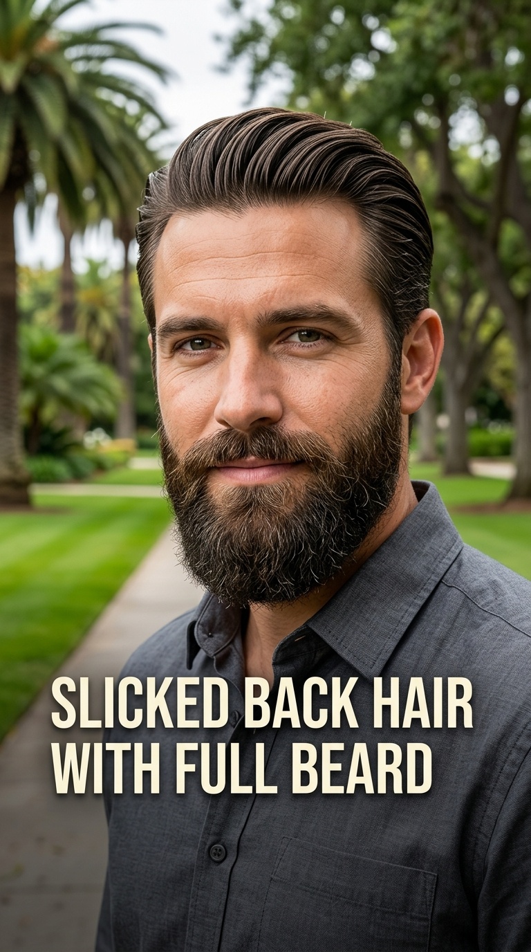 Slicked Back Hair with Full Beard