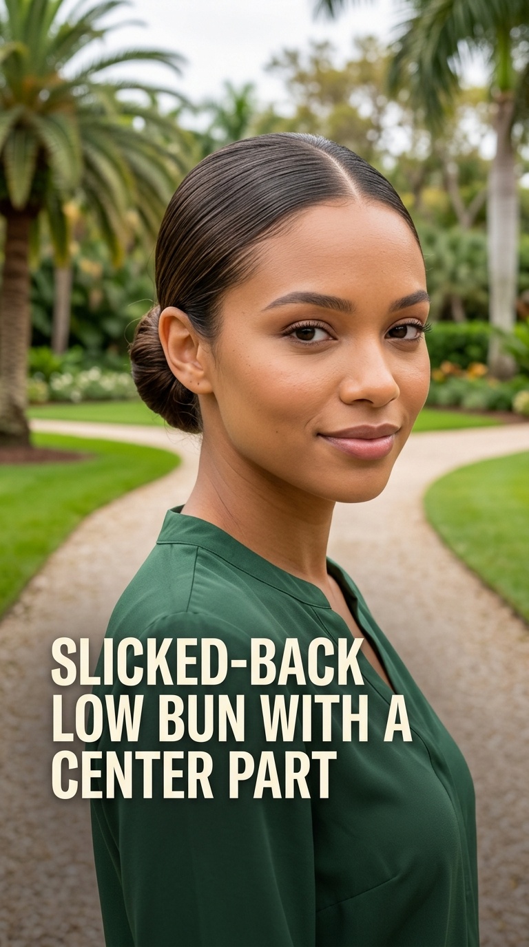 Slicked-Back Low Bun with a Center Part