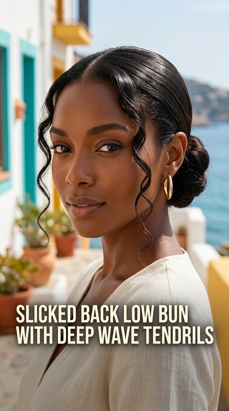 Slicked Back Low Bun with Deep Wave Tendrils
