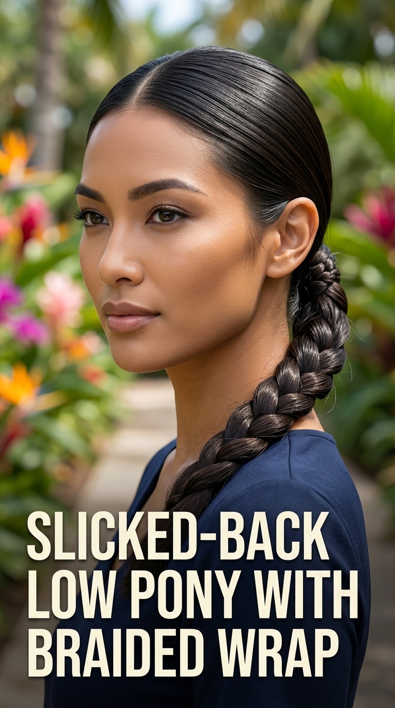 Slicked-Back Low Pony with Braided Wrap