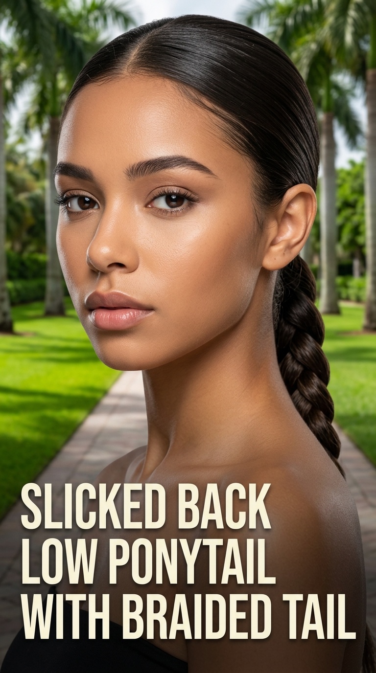 Slicked Back Low Ponytail with Braided Tail