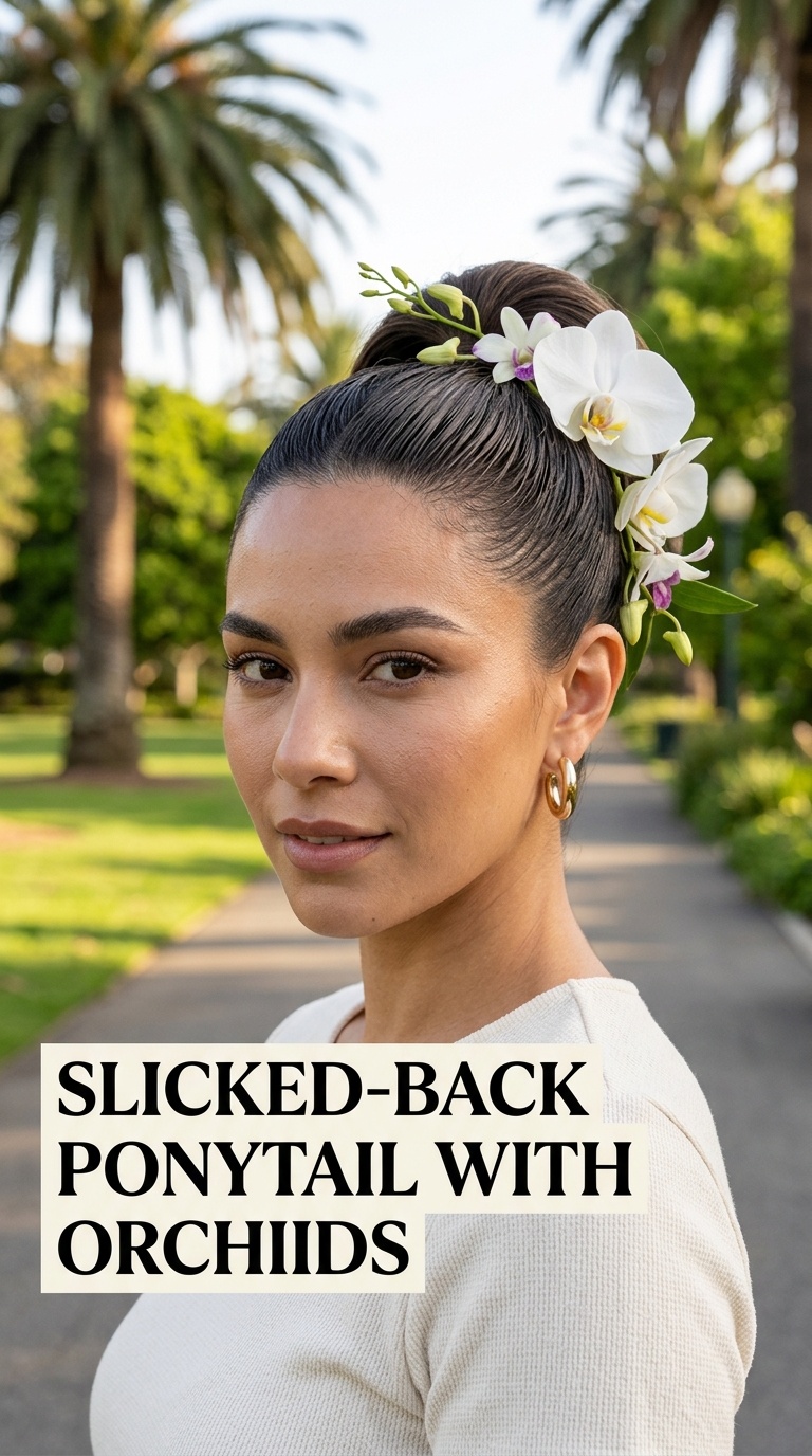 Slicked-Back Ponytail with Orchids