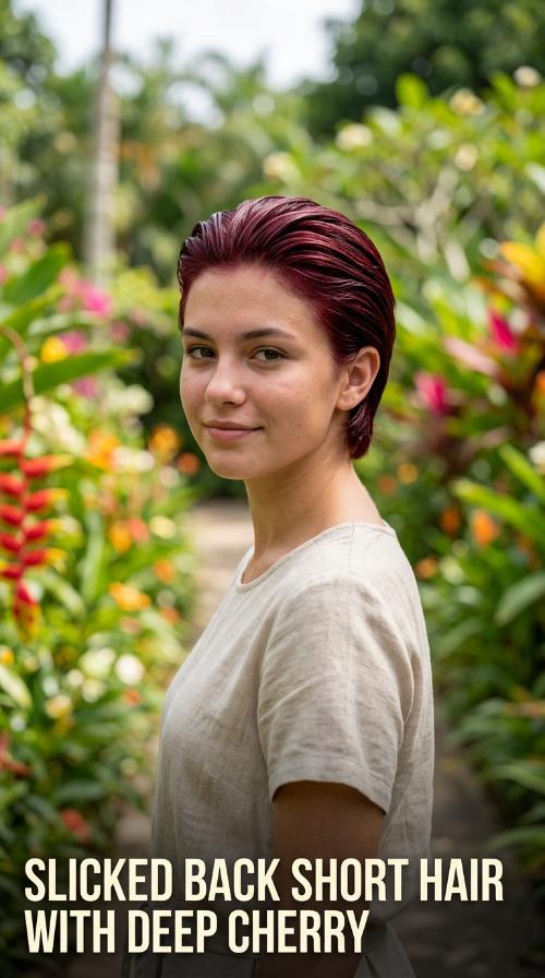 Slicked Back Short Hair with Deep Cherry