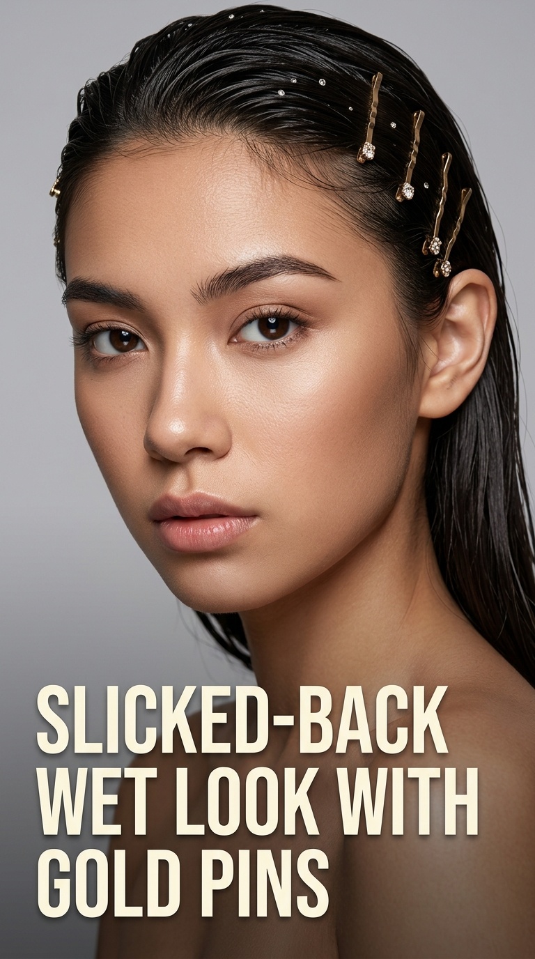 Slicked-Back Wet Look with Gold Pins