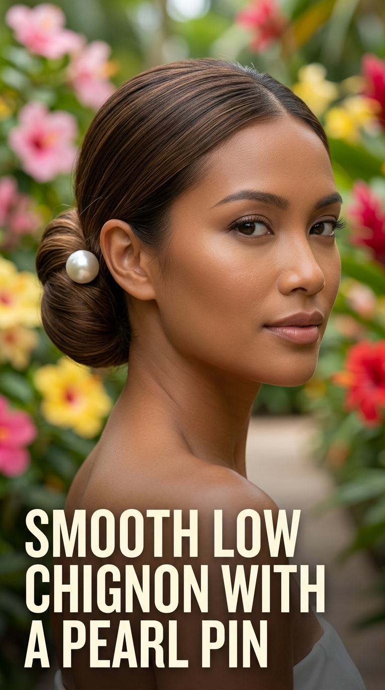 Smooth Low Chignon with a Pearl Pin