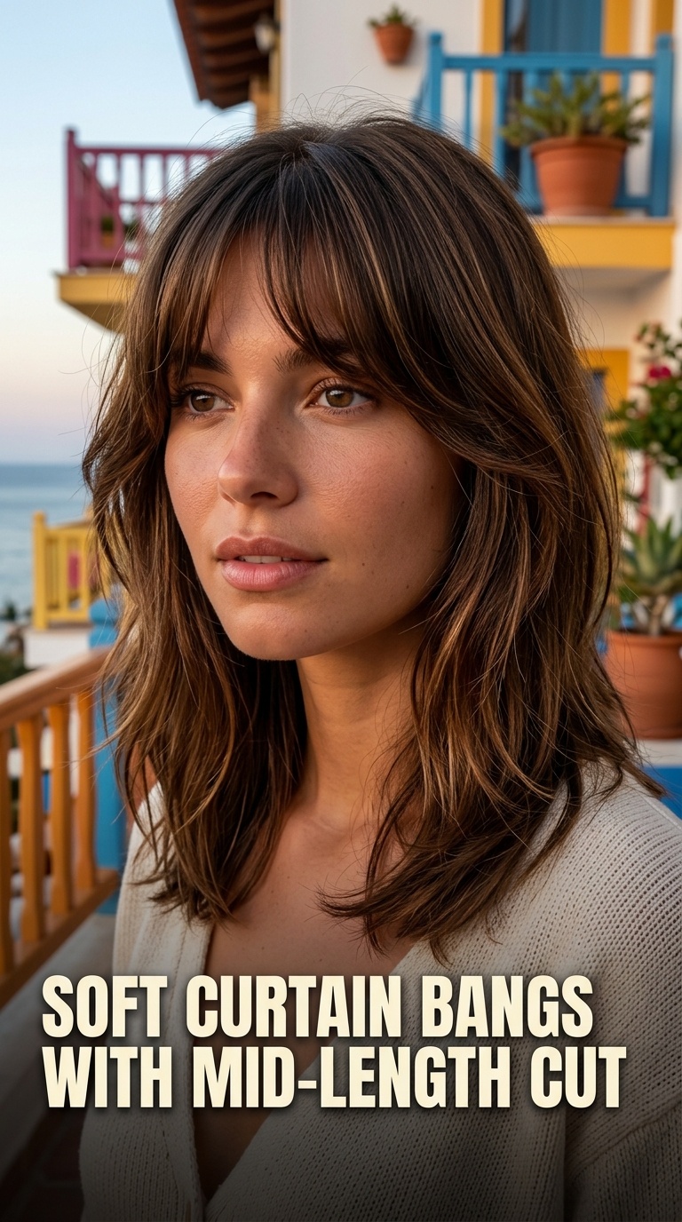 Soft Curtain Bangs with Mid-Length Cut