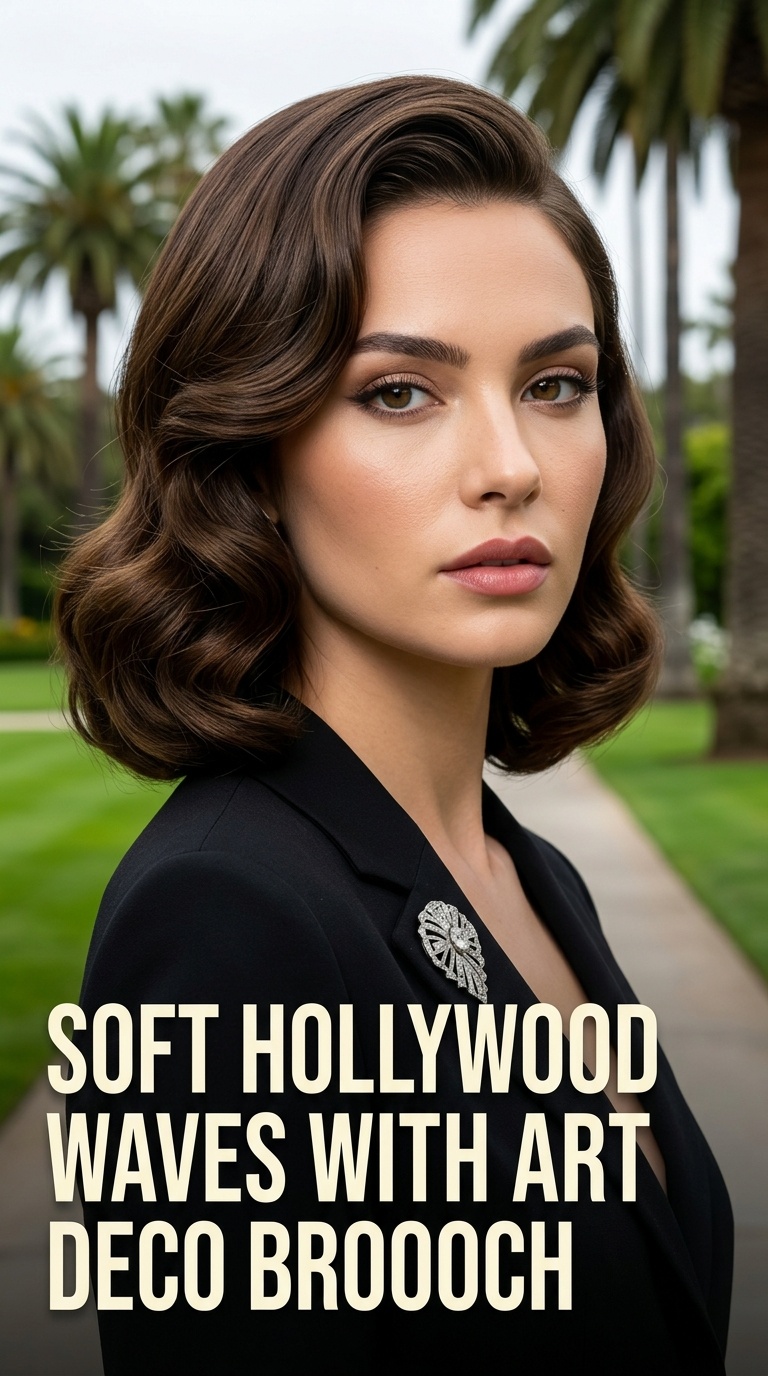 Soft Hollywood Waves with Art Deco Brooch