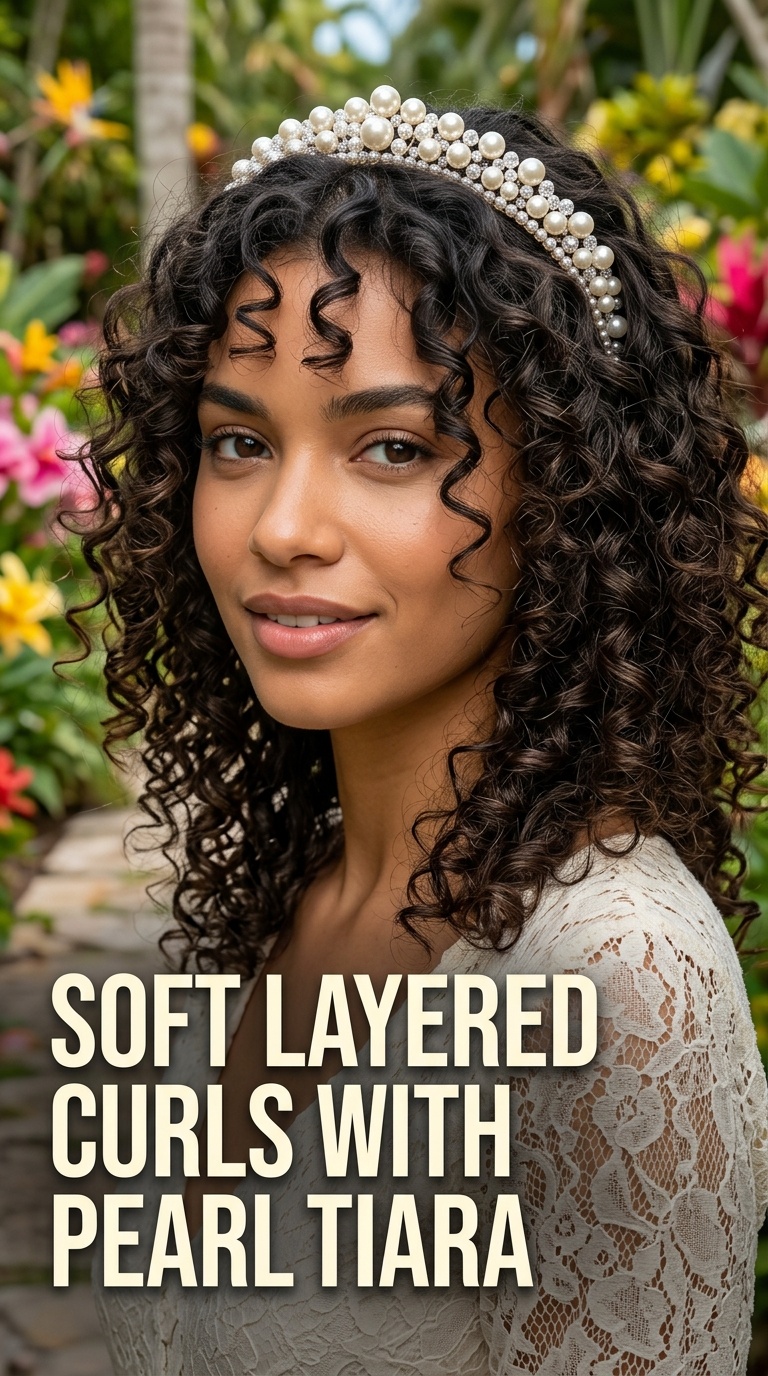 Soft Layered Curls with Pearl Tiara