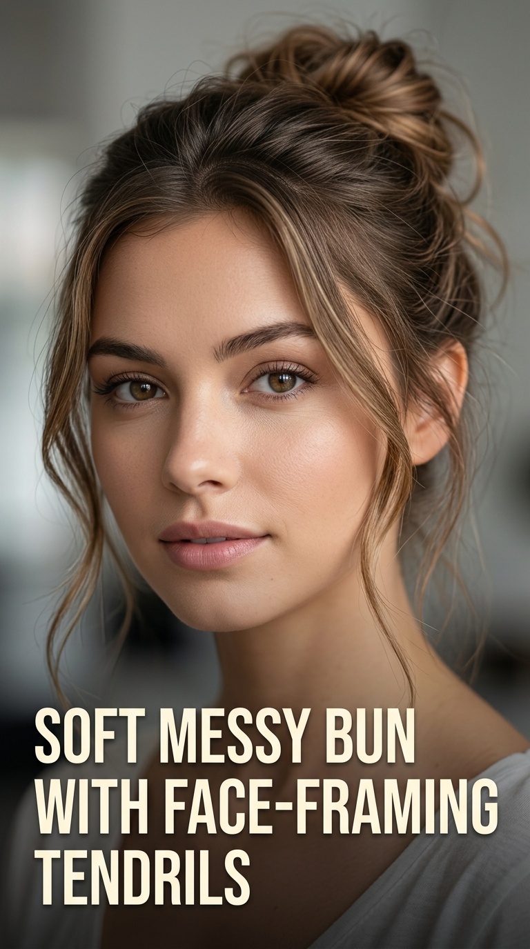 Soft Messy Bun with Face-Framing Tendrils