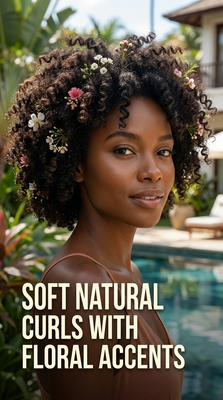 Soft Natural Curls with Floral Accents