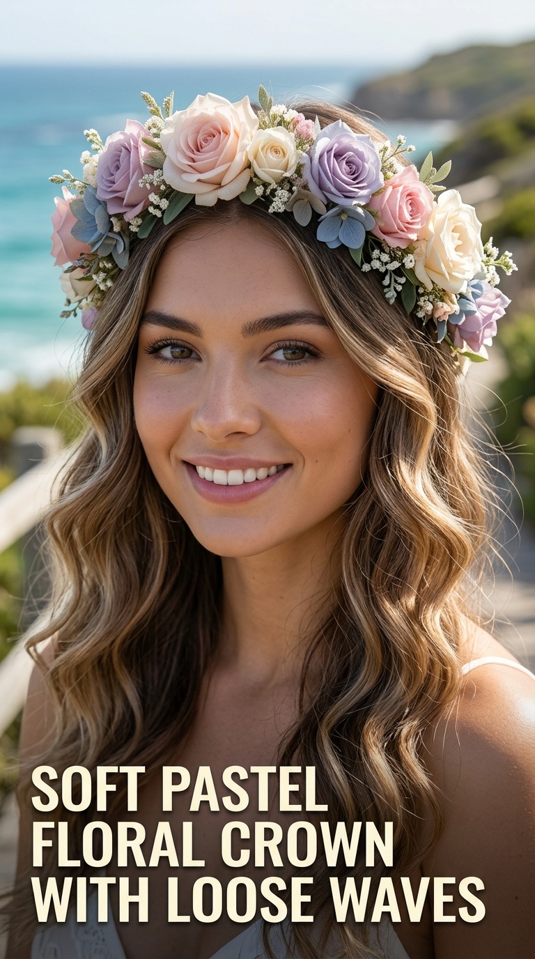 Soft Pastel Floral Crown with Loose Waves