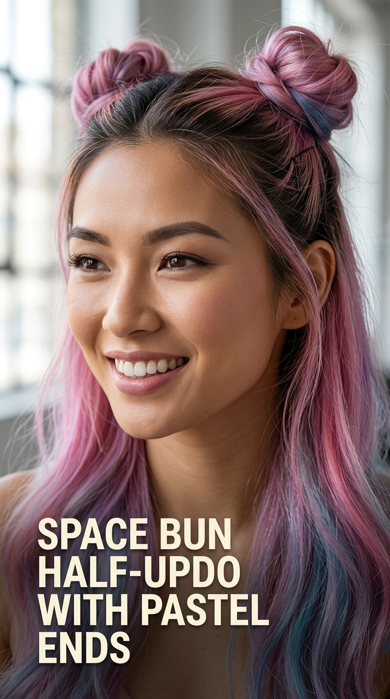 Space Bun Half-Updo with Pastel Ends