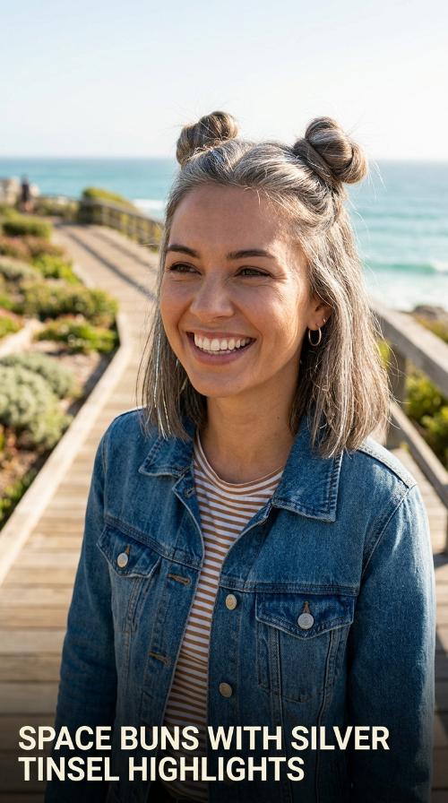 Space Buns with Silver Tinsel Highlights