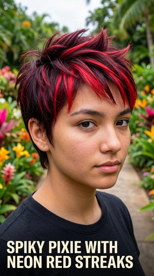 Spiky Pixie with Neon Red Streaks