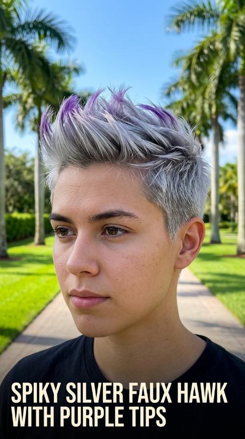 Spiky Silver Faux Hawk with Purple Tips