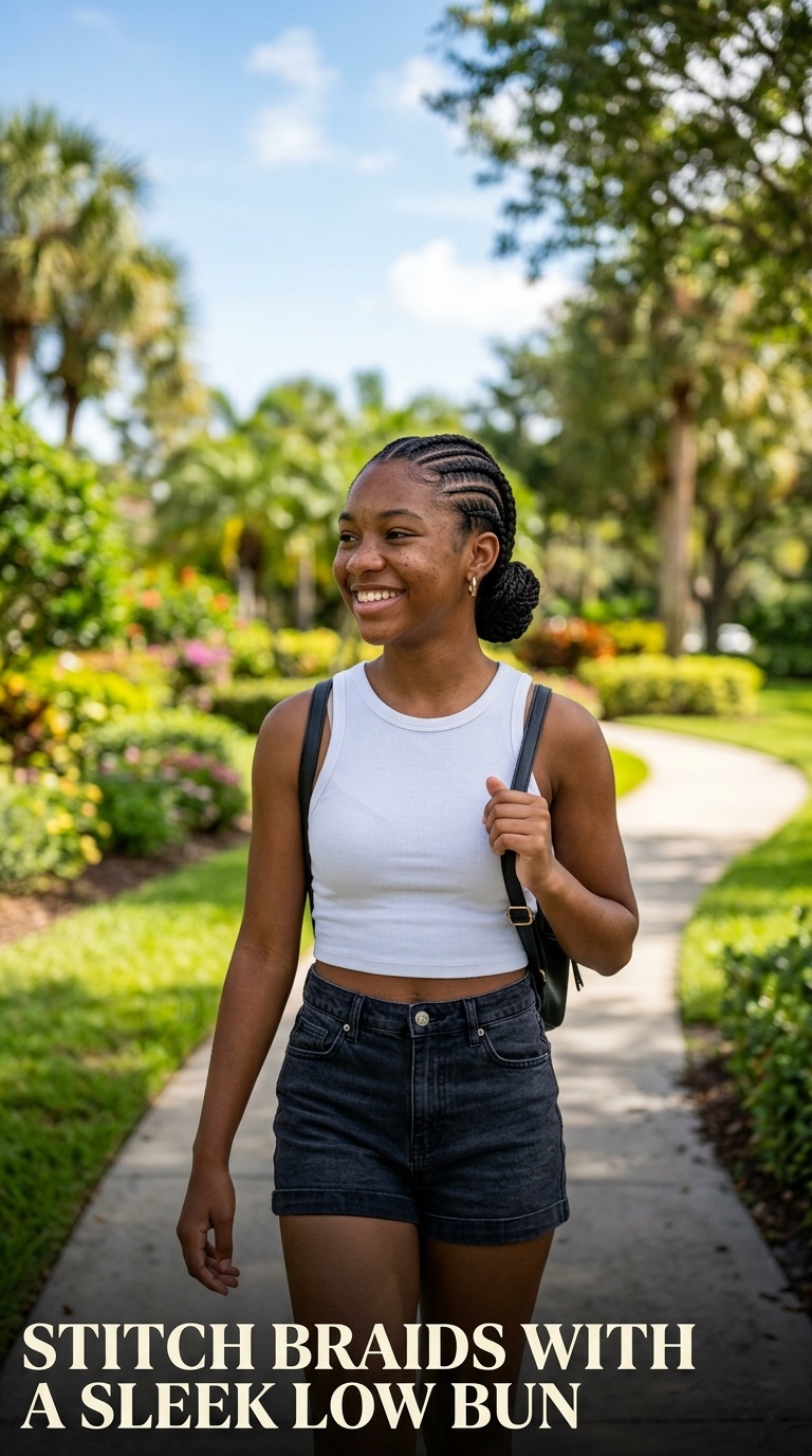 Stitch Braids with a Sleek Low Bun