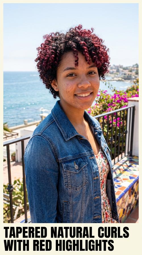 Tapered Natural Curls with Red Highlights