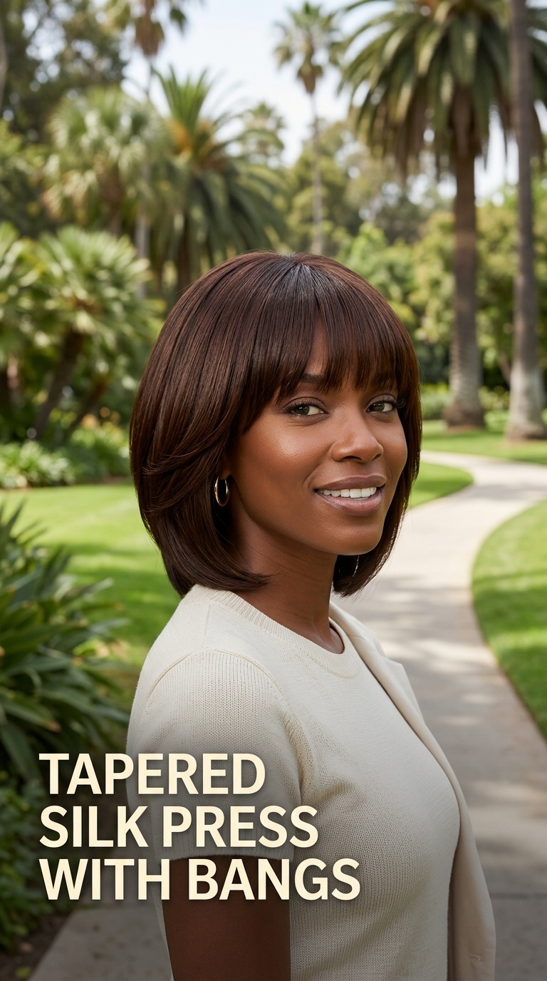 Tapered Silk Press with Bangs