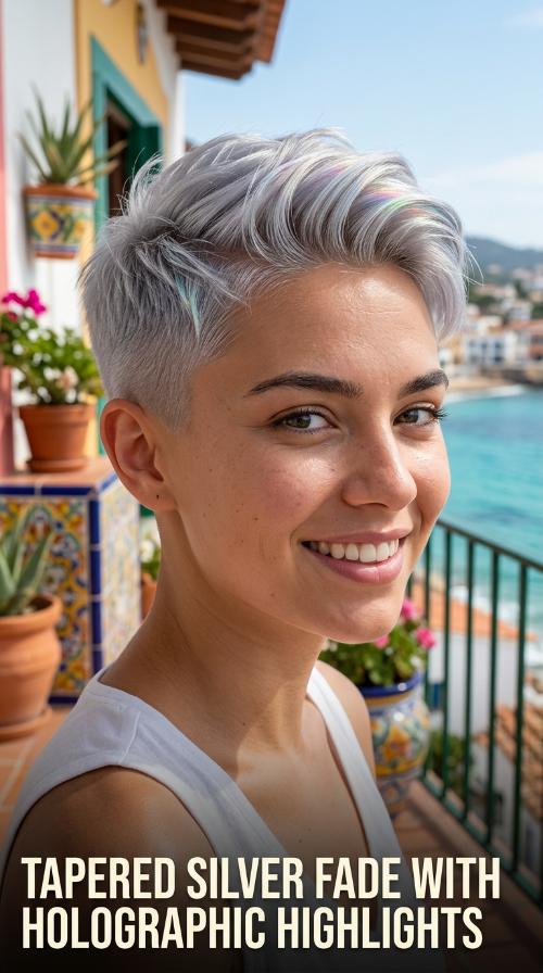 Tapered Silver Fade with Holographic Highlights