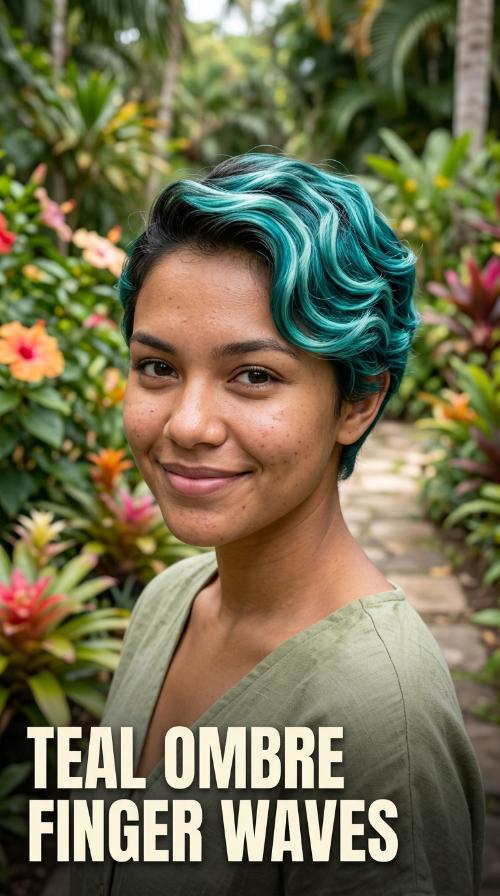 Teal Ombre Finger Waves