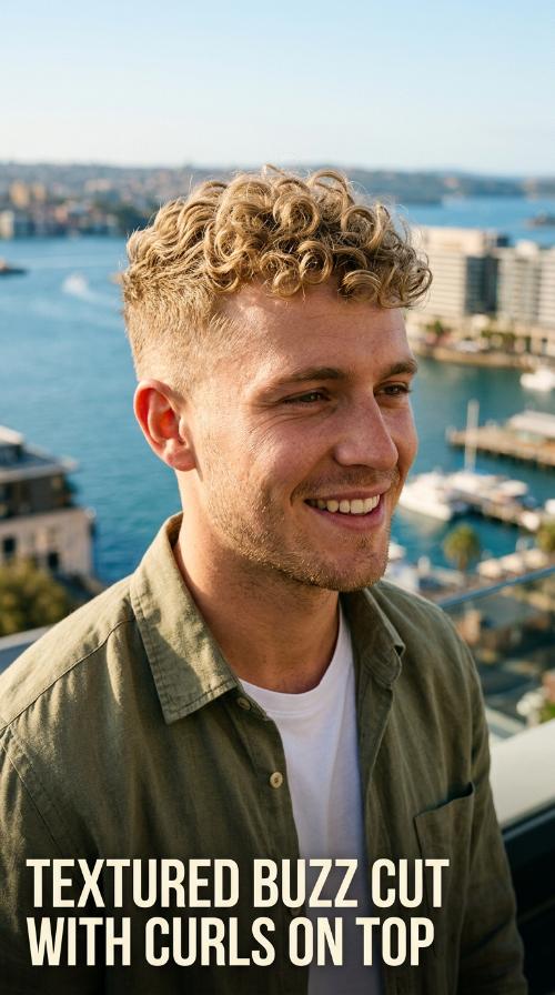 Textured Buzz Cut with Curls on Top