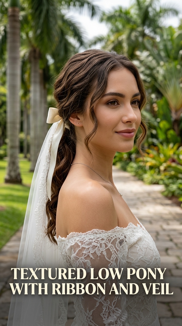 Textured Low Pony with Ribbon and Veil