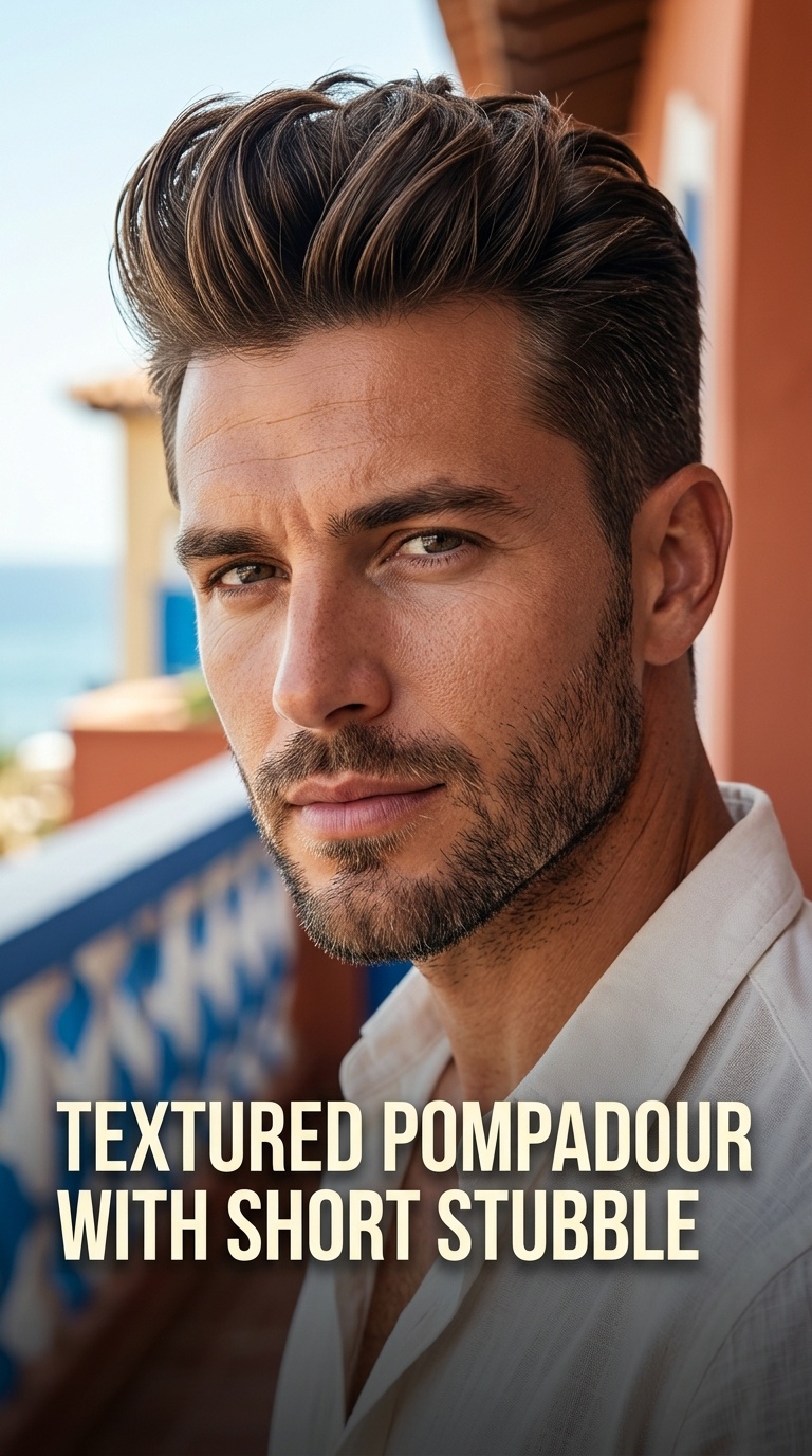 Textured Pompadour with Short Stubble