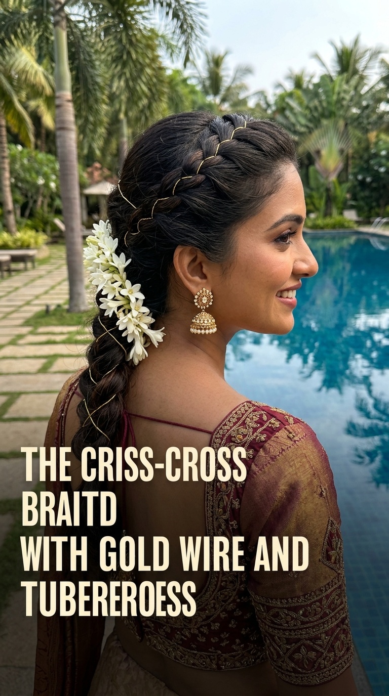 The Criss-Cross Braid with Gold Wire and Tuberoses