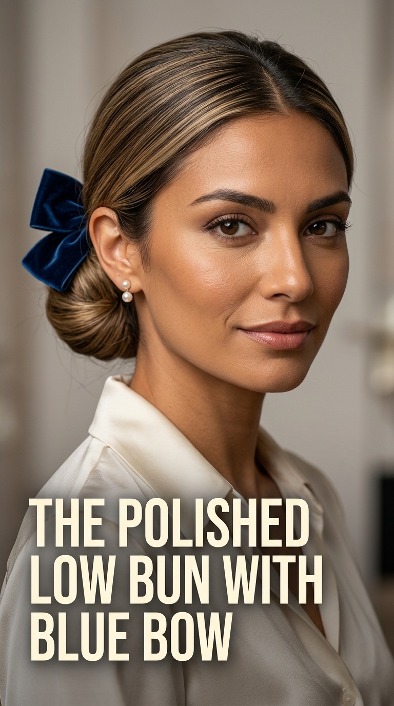 The Polished Low Bun with Blue Bow