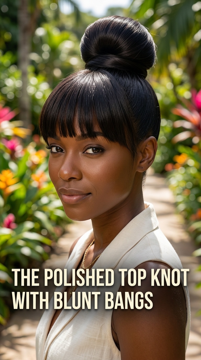 The Polished Top Knot with Blunt Bangs