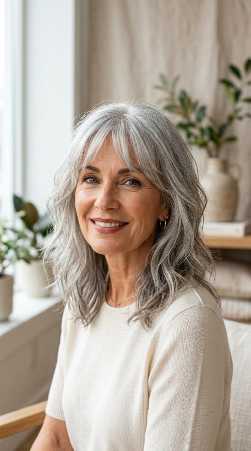 The Shaggy Silver Lob with Curtain Bangs
