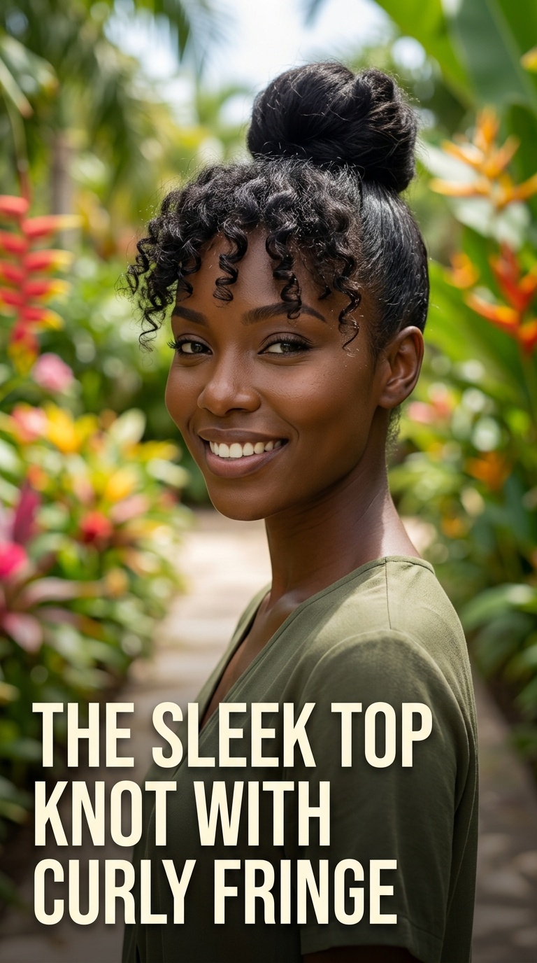 The Sleek Top Knot with Curly Fringe