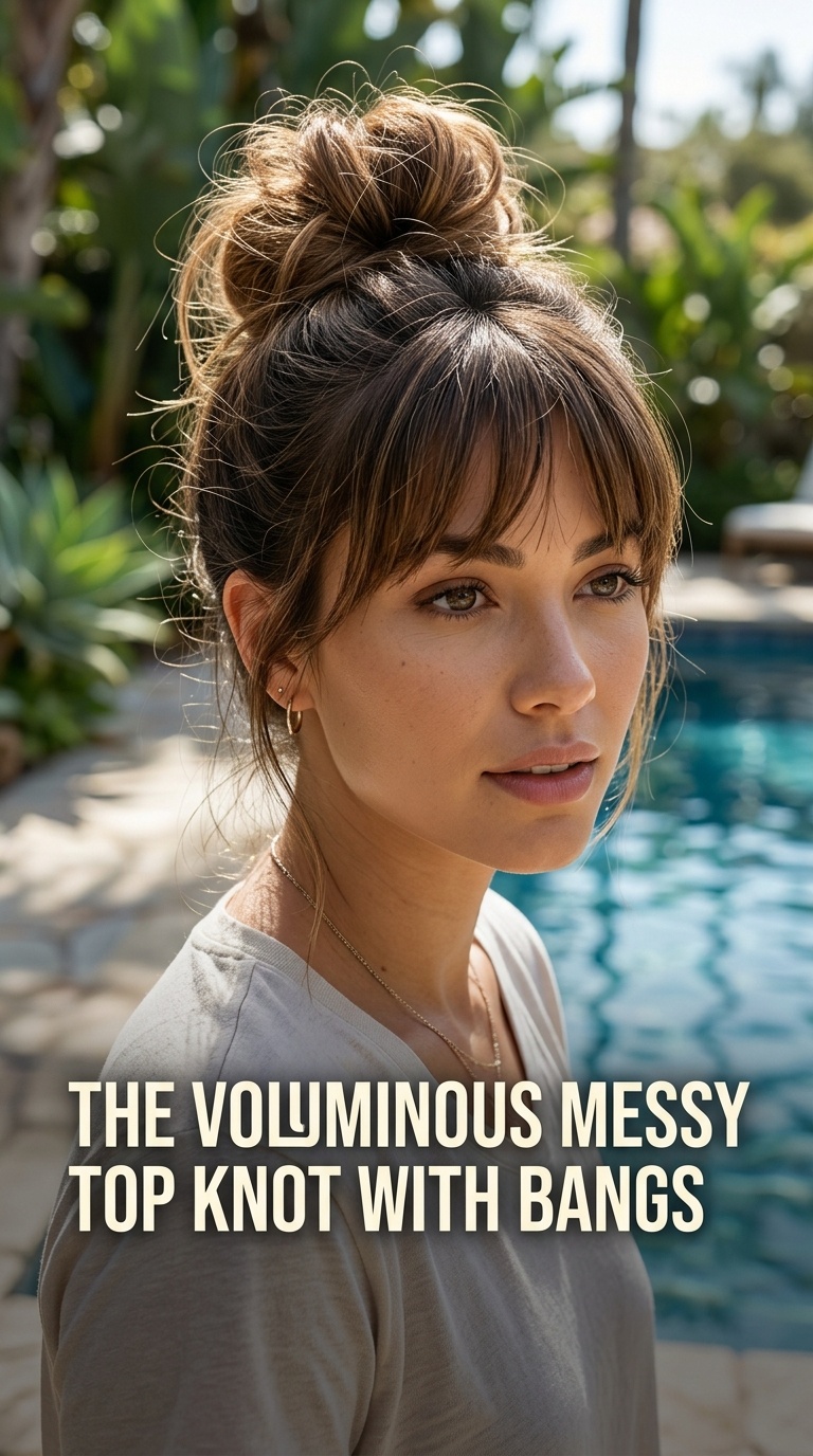 The Voluminous Messy Top Knot with Bangs