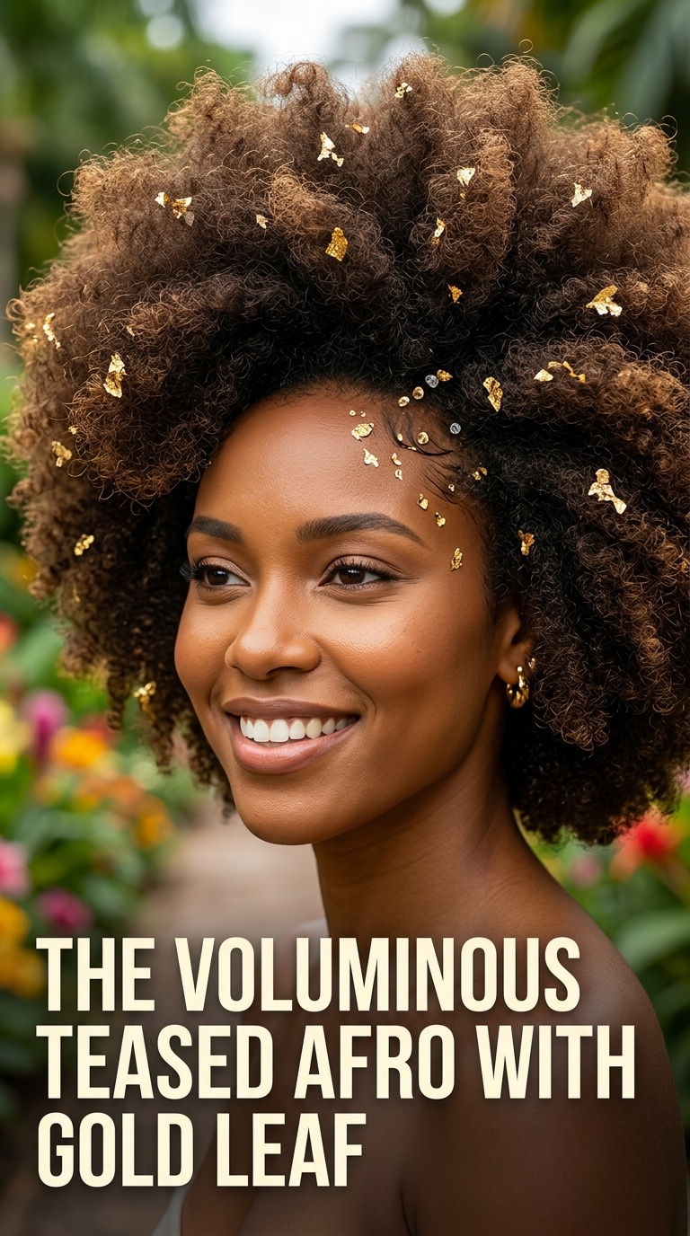 The Voluminous Teased Afro with Gold Leaf