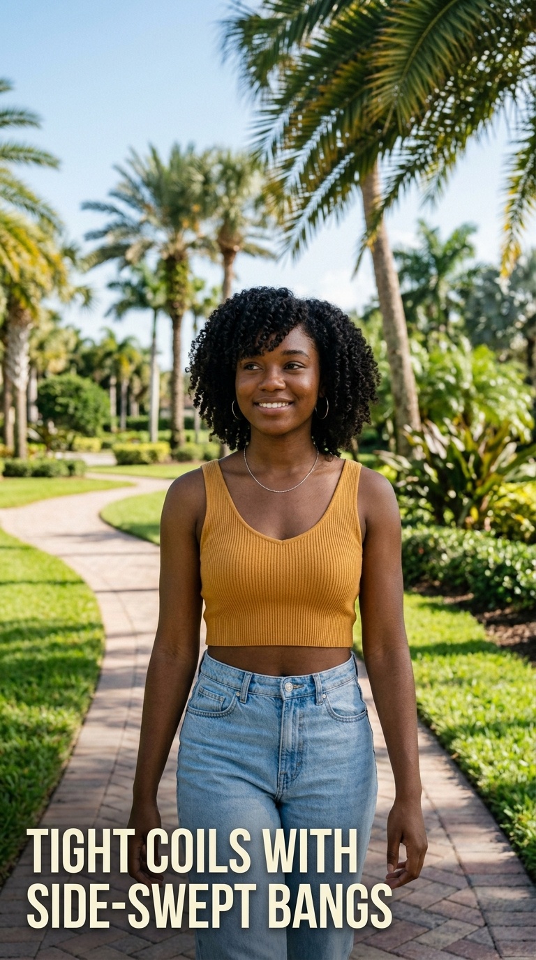Tight Coils with Side-Swept Bangs