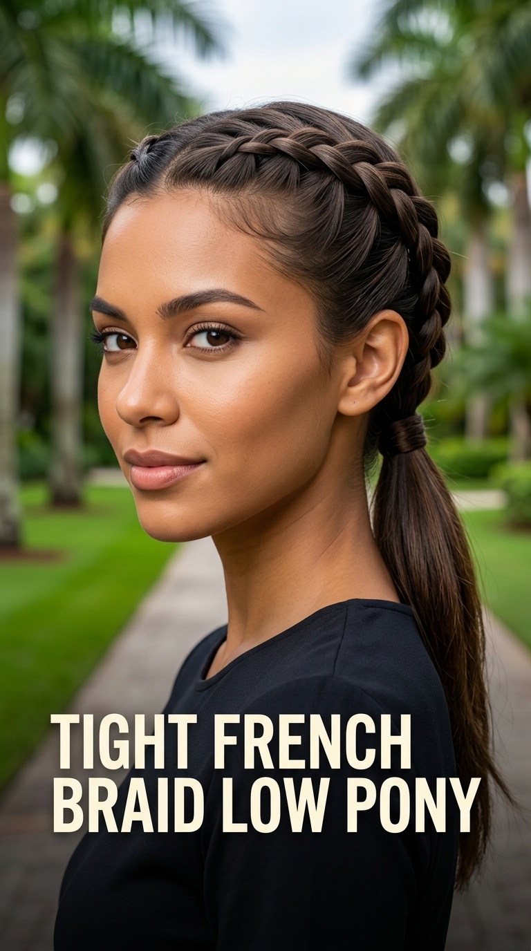 Tight French Braid Low Pony