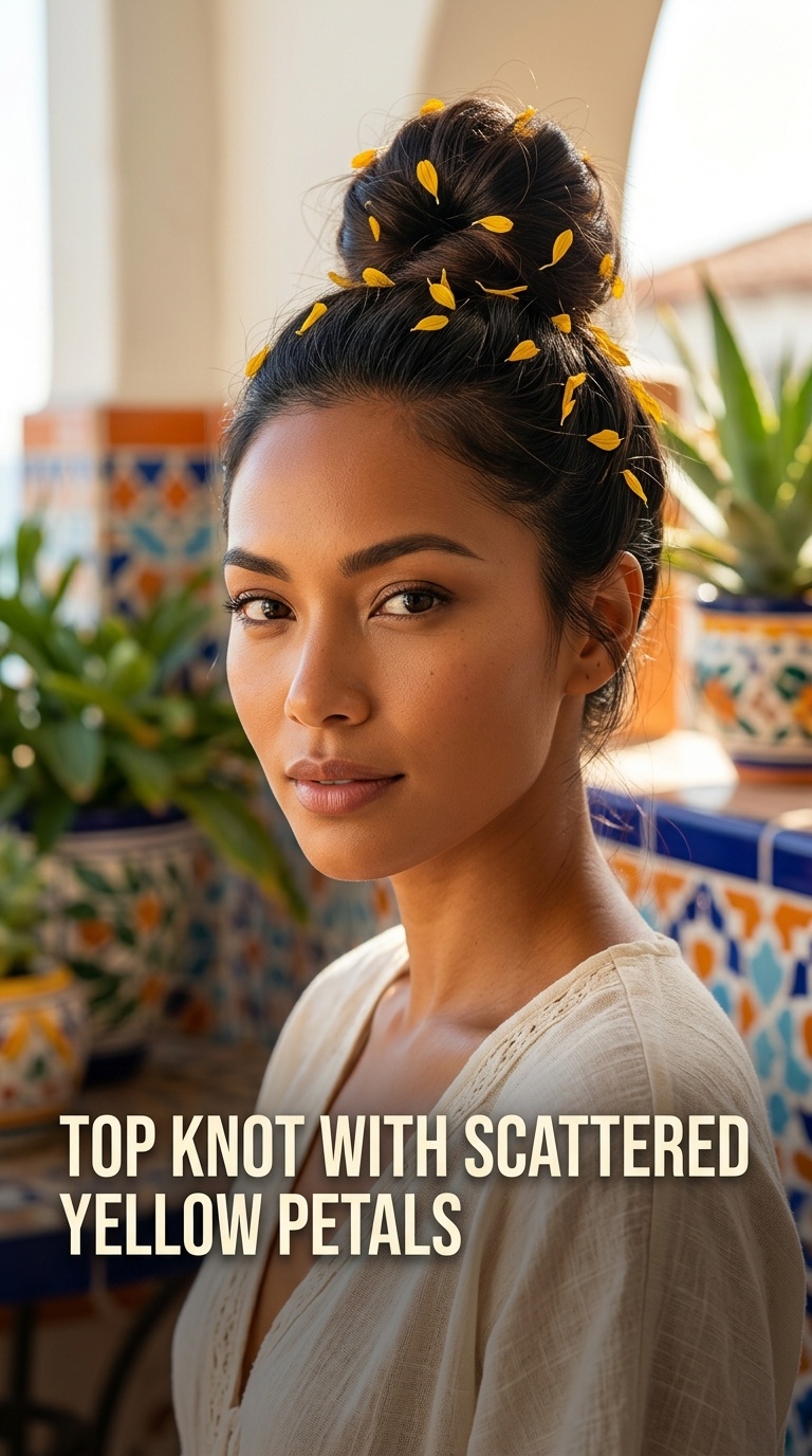 Top Knot with Scattered Yellow Petals