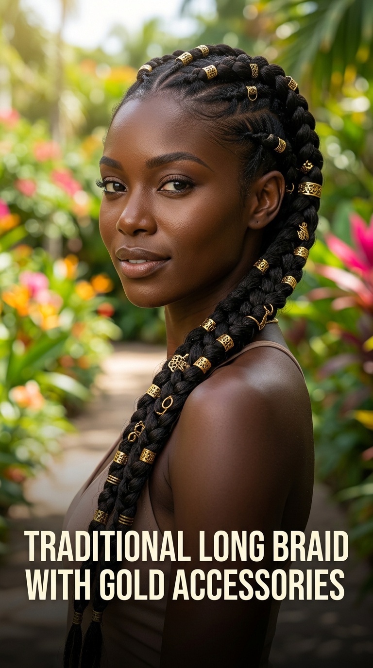 Traditional Long Braid with Gold Accessories