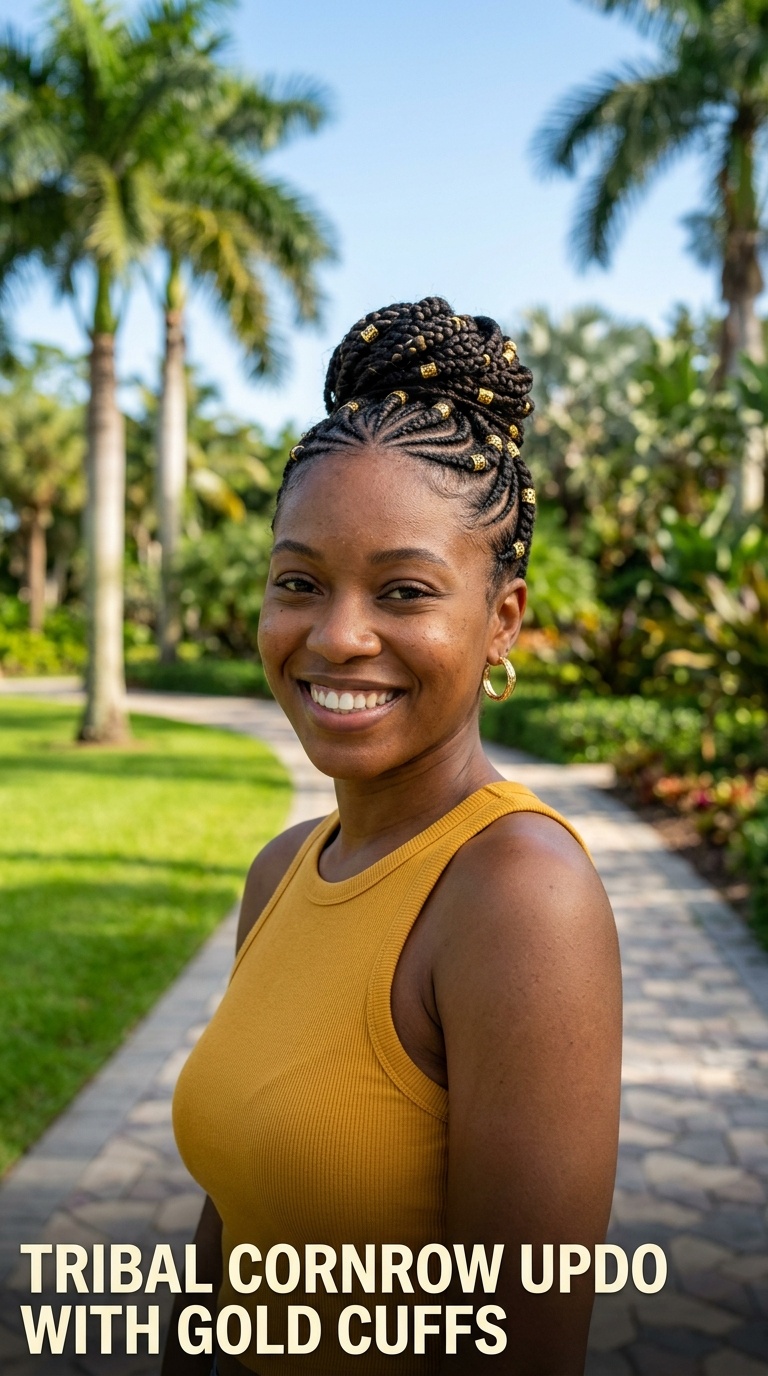 Tribal Cornrow Updo with Gold Cuffs