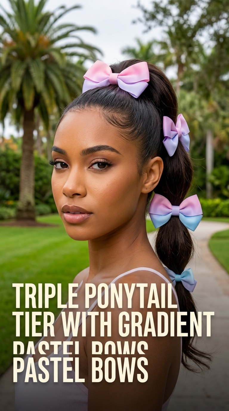 Triple Ponytail Tier with Gradient Pastel Bows