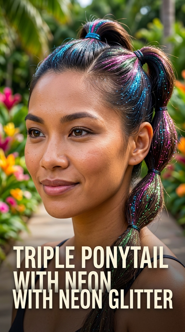 Triple Ponytail with Neon Glitter