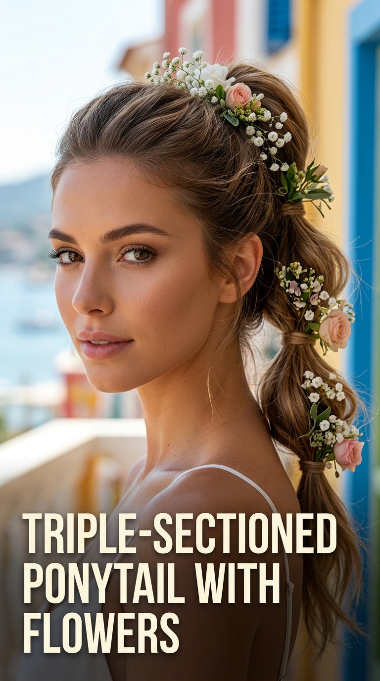 Triple-Sectioned Ponytail with Flowers