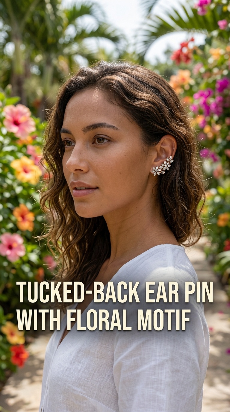 Tucked-Back Ear Pin with Floral Motif